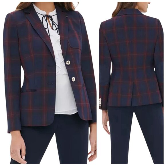 Tommy Hilfiger Navy Red Plaid Blazer Jacket Women’s Size 14 Elbow Patches - Picture 1 of 9
